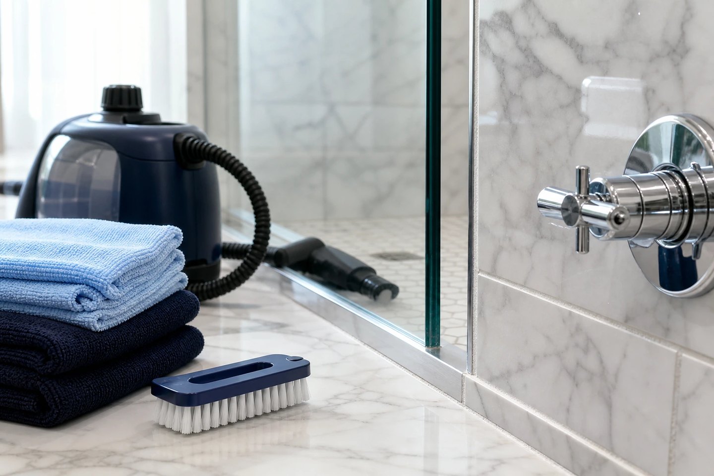 Detailed bathroom cleaning setup with grout brush and steam cleaner