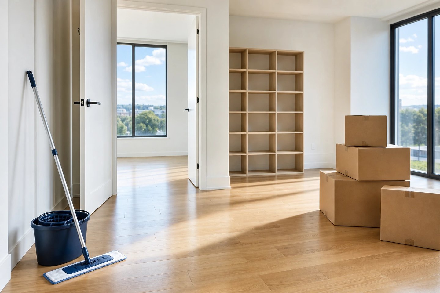 Bright empty condo with moving boxes and equipment for cleaning floors