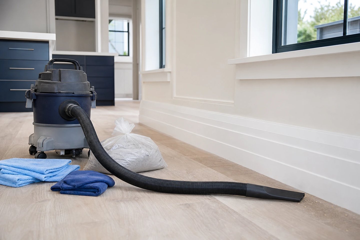 Renovated room with a professional dust vacuum and detailing tools