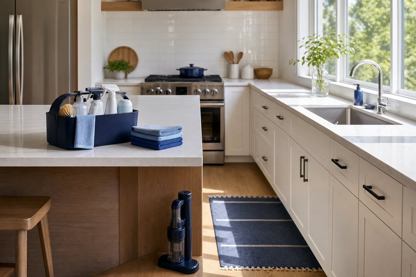 Spotless modern kitchen with a cleaning caddy and cordless vacuum