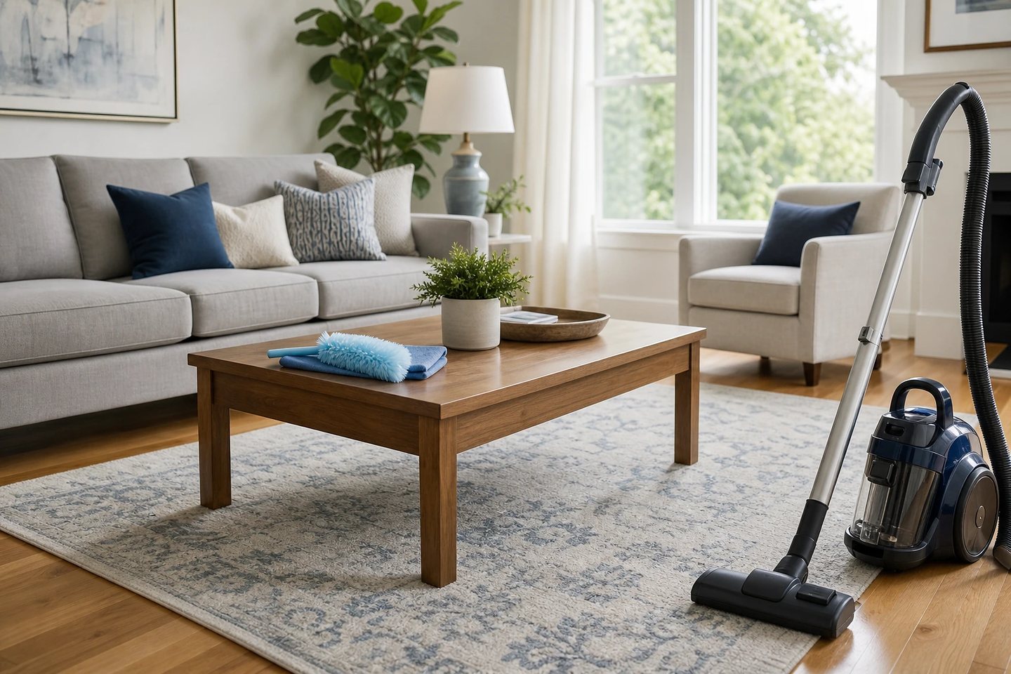 Orderly living room with a vacuum and neatly arranged cleaning tools
